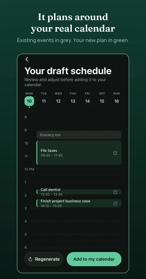 Draft schedule screen: proposed tasks placed on a weekly timeline around existing calendar events.