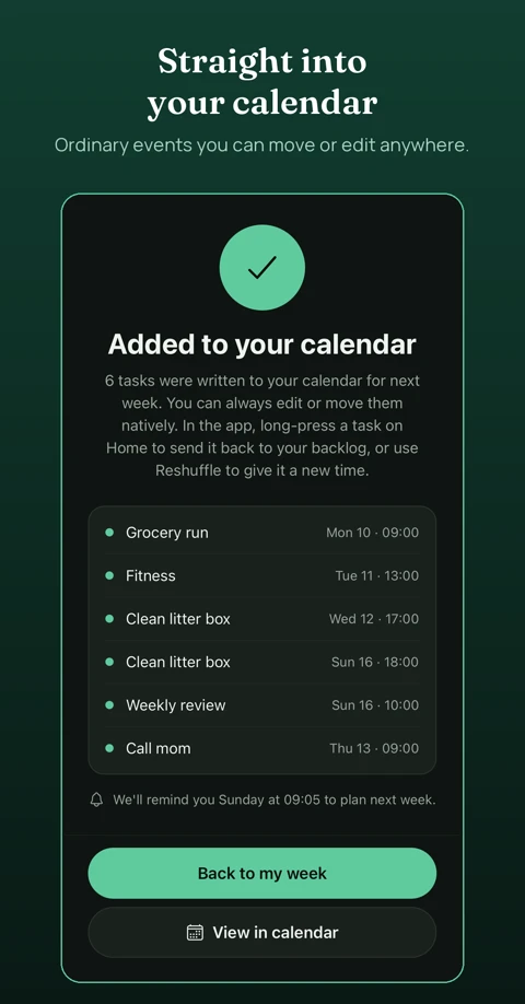 Confirmation screen after the plan is written to the native calendar.