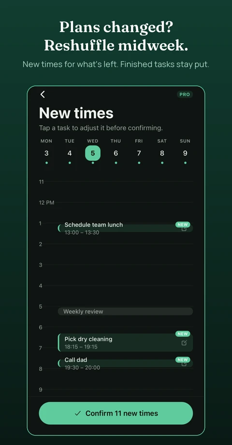 Adjusting a task's day and time before confirming.