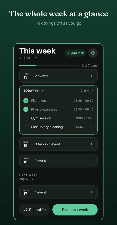 This week view on Home, showing the scheduled week at a glance.